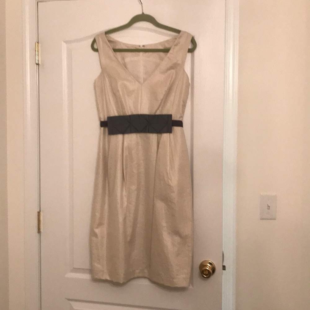 Iridescent Cream formal v neck dress with  belt